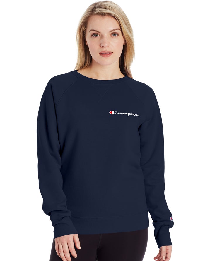 Champion Womens Sweatshirt NZ - Powerblend Fleece Classic Crew Script Logo Navy ( 3804-OGJBF )